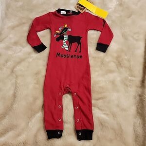 LAZY ONE "MOOSLETOE" RED WITH MOOSE CHRISTMAS UNION SUIT, SIZE 6 MONTHS  - NEW!
